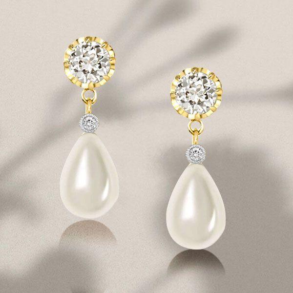 Pearl Drop Earrings with White Sapphire Accents - 18K Gold Plated Sterling Silver