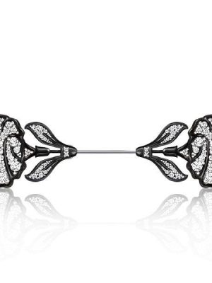 Black Flower Jabot Brooch - Sterling Silver Plated - 2.03 CTW