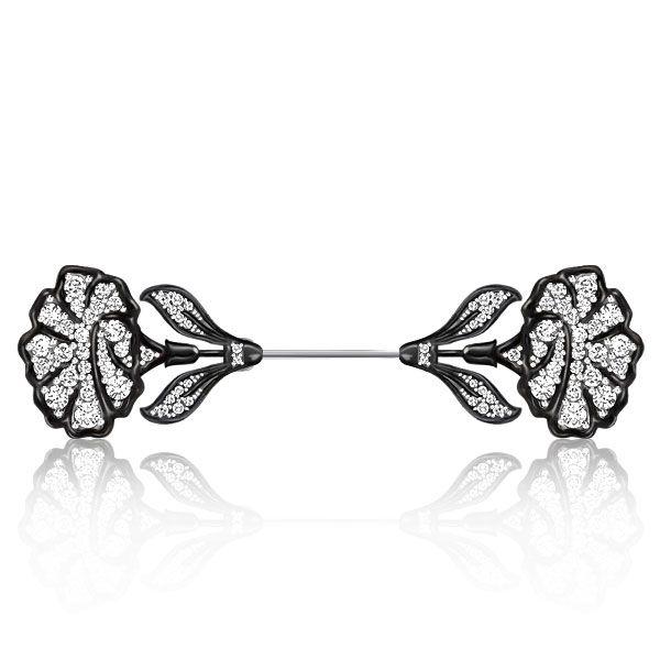 Black Flower Jabot Brooch - Sterling Silver Plated - 2.03 CTW