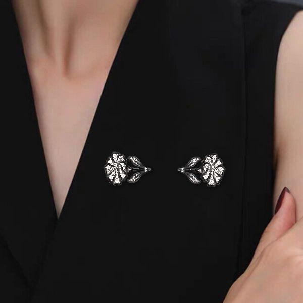 Black Flower Jabot Brooch - Sterling Silver Plated - 2.03 CTW