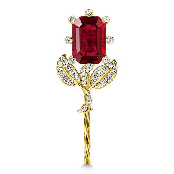 Vintage Ruby Sapphire Emerald Cut Flower Stick Pin Brooch - 925 Sterling Silver Gold Plated