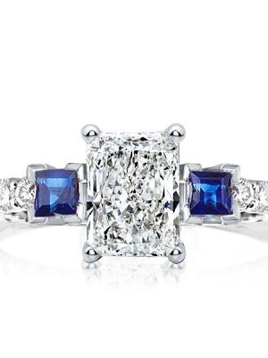 Radiant Cut White Sapphire Three Stone Engagement Ring in Sterling Silver