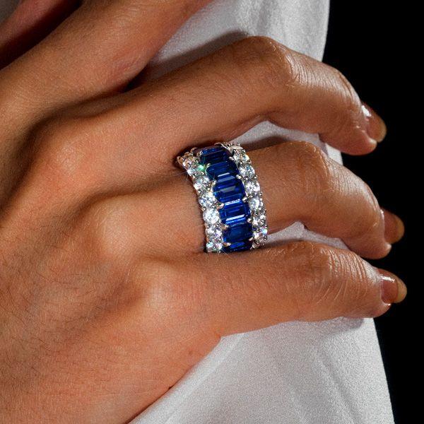 Triple Row Created Sapphire Wedding Band in 925 Sterling Silver