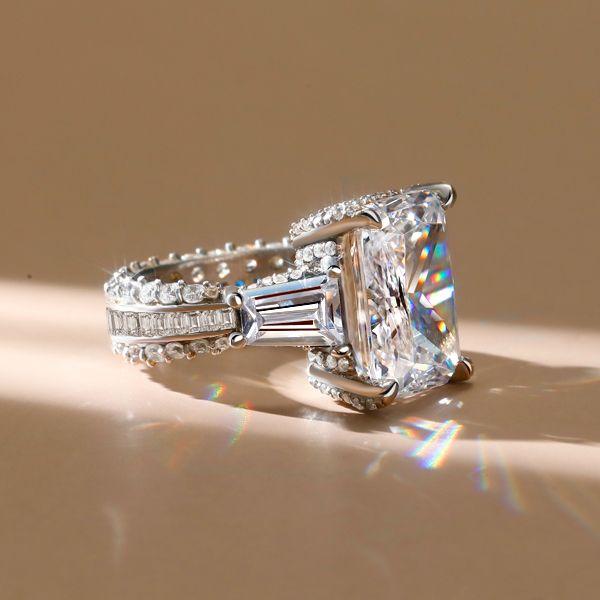 Radiant Cut White Sapphire Three Stone Engagement Ring - Sterling Silver