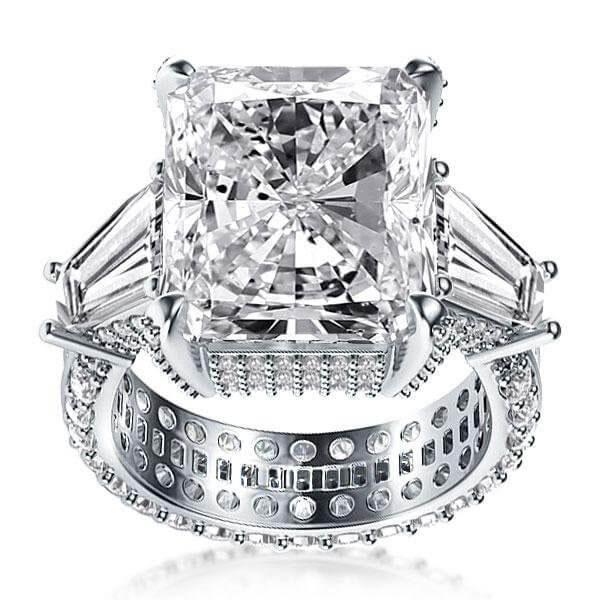Radiant Cut White Sapphire Three Stone Engagement Ring - Sterling Silver