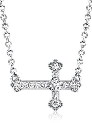 Sideways White Sapphire Cross Necklace for Women in Rhodium Plated 925 Sterling Silver