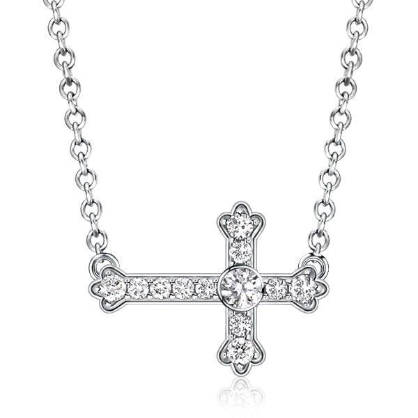 Sideways White Sapphire Cross Necklace for Women in Rhodium Plated 925 Sterling Silver