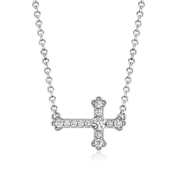 Sideways White Sapphire Cross Necklace for Women in Rhodium Plated 925 Sterling Silver