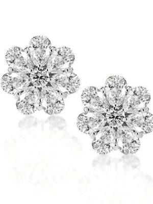 Sterling Silver Flower Stud Earrings - Pear & Round Cut