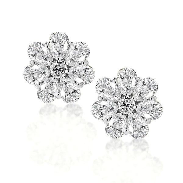 Sterling Silver Flower Stud Earrings - Pear & Round Cut
