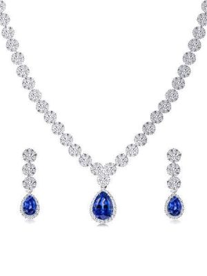 Created Sapphire Necklace and Earring Set - Sterling Silver Plated