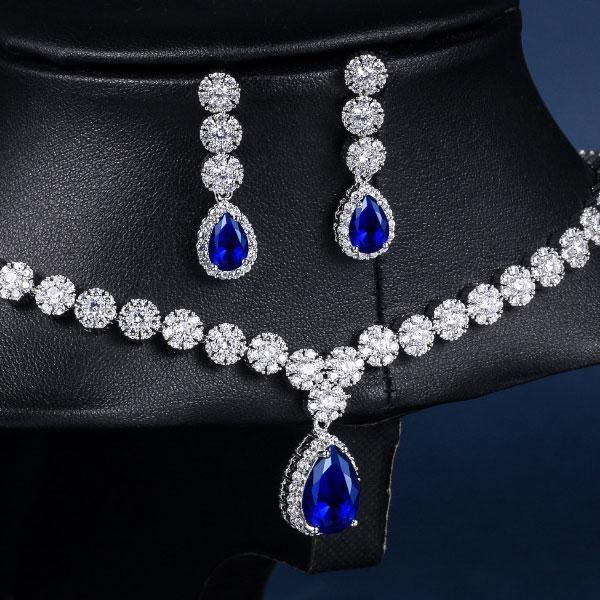 Created Sapphire Necklace and Earring Set - Sterling Silver Plated
