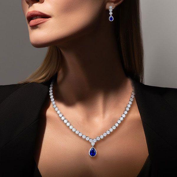 Created Sapphire Necklace and Earring Set - Sterling Silver Plated