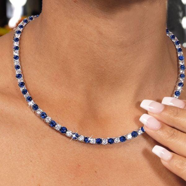Alternating Blue and White Sapphire Tennis Necklace for Women in 925 Sterling Silver
