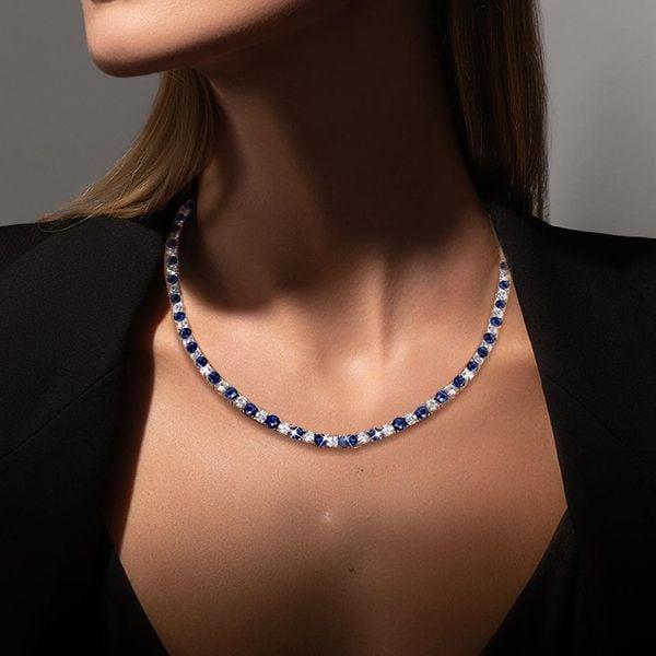 Alternating Blue and White Sapphire Tennis Necklace for Women in 925 Sterling Silver