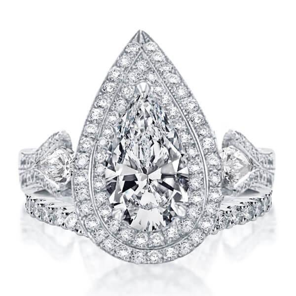 Art Deco Double Halo Created White Sapphire Bridal Set - 925 Sterling Silver