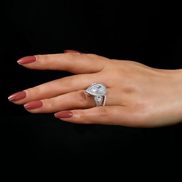 Art Deco Double Halo Created White Sapphire Bridal Set - 925 Sterling Silver