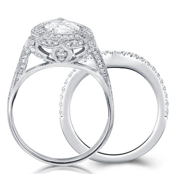 Art Deco Double Halo Created White Sapphire Bridal Set - 925 Sterling Silver