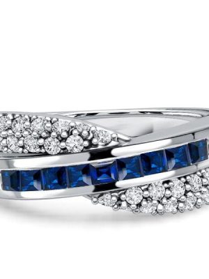 Micro Pave Asscher Cut Blue Sapphire Criss-Cross Wedding Band in Sterling Silver