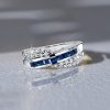 Micro Pave Asscher Cut Blue Sapphire Criss-Cross Wedding Band in Sterling Silver