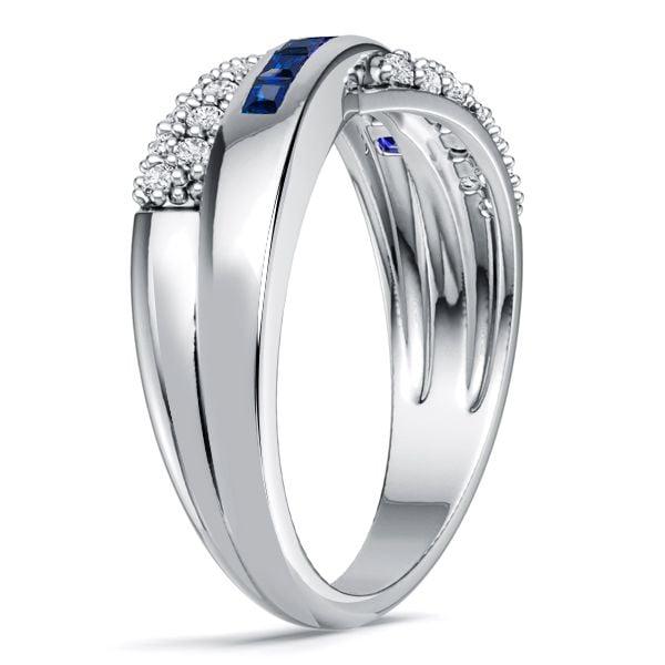 Micro Pave Asscher Cut Blue Sapphire Criss-Cross Wedding Band in Sterling Silver