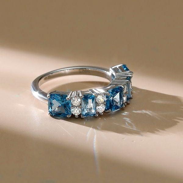925 Sterling Silver Princess Cut Blue Topaz Stacking Wedding Band Ring