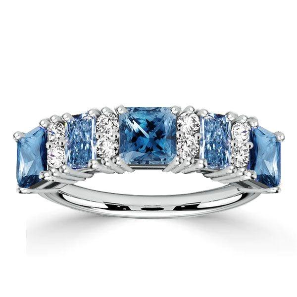 925 Sterling Silver Princess Cut Blue Topaz Stacking Wedding Band Ring