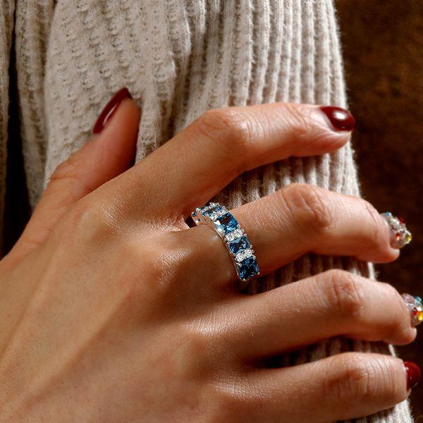 925 Sterling Silver Princess Cut Blue Topaz Stacking Wedding Band Ring