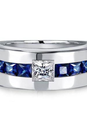 Princess Cut Blue Sapphire Half Eternity Band Ring - Sterling Silver