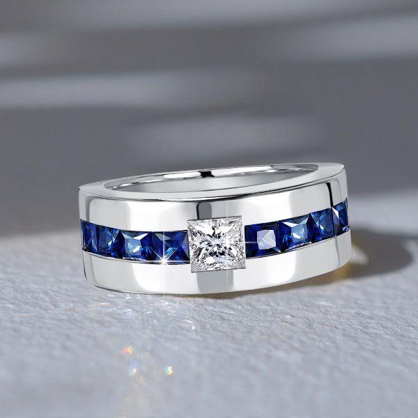 Princess Cut Blue Sapphire Half Eternity Band Ring - Sterling Silver