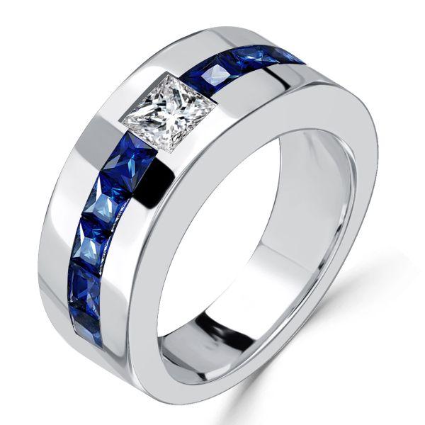 Princess Cut Blue Sapphire Half Eternity Band Ring - Sterling Silver