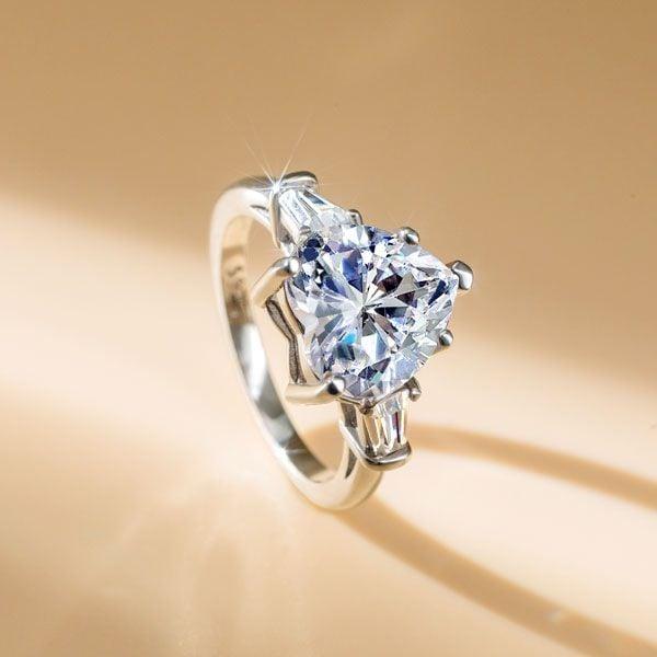 Heart Shaped Three Stone Engagement Ring, Created White Sapphire, 925 Sterling Silver
