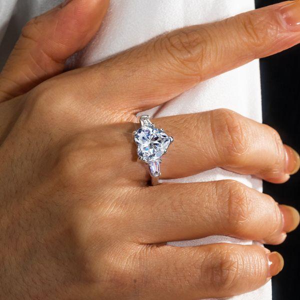 Heart Shaped Three Stone Engagement Ring, Created White Sapphire, 925 Sterling Silver