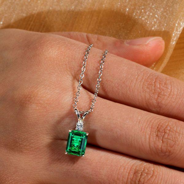 Emerald Cut Emerald Green Pendant Necklace - 925 Sterling Silver