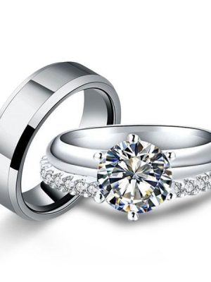 Trio Wedding Ring Sets: Sterling Silver & Titanium Solitaire Matching Bands