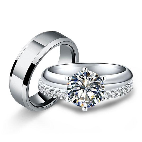 Trio Wedding Ring Sets: Sterling Silver & Titanium Solitaire Matching Bands