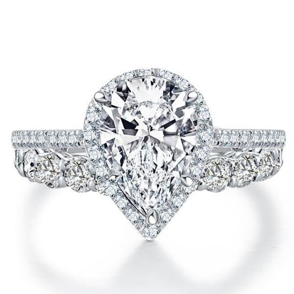 Halo Pear White Sapphire Engagement Ring Set - 925 Sterling Silver Bridal Jewellery