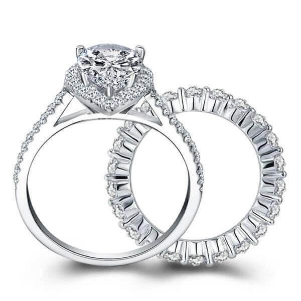 Halo Pear White Sapphire Engagement Ring Set - 925 Sterling Silver Bridal Jewellery