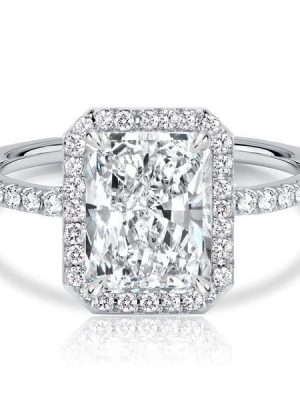 Halo Radiant Cut White Sapphire Engagement Ring in Rhodium Plated Sterling Silver