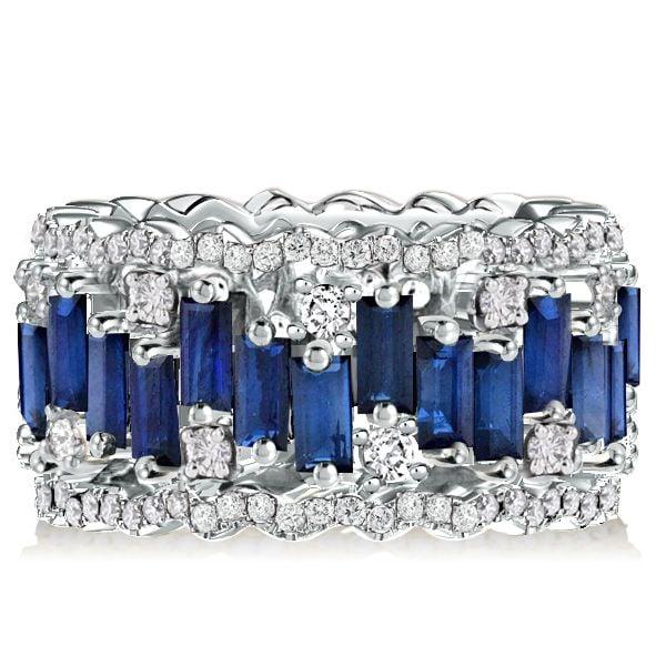 Baguette Cut White and Blue Sapphire Wedding Band in 925 Sterling Silver