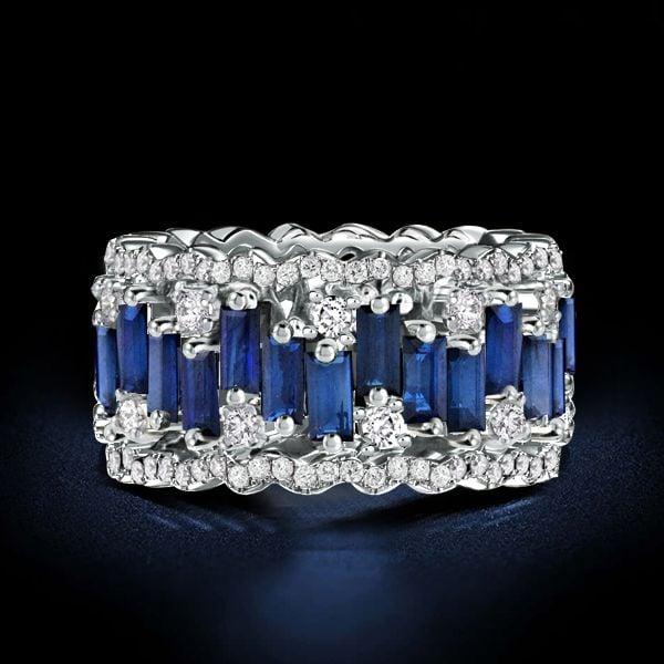Baguette Cut White and Blue Sapphire Wedding Band in 925 Sterling Silver
