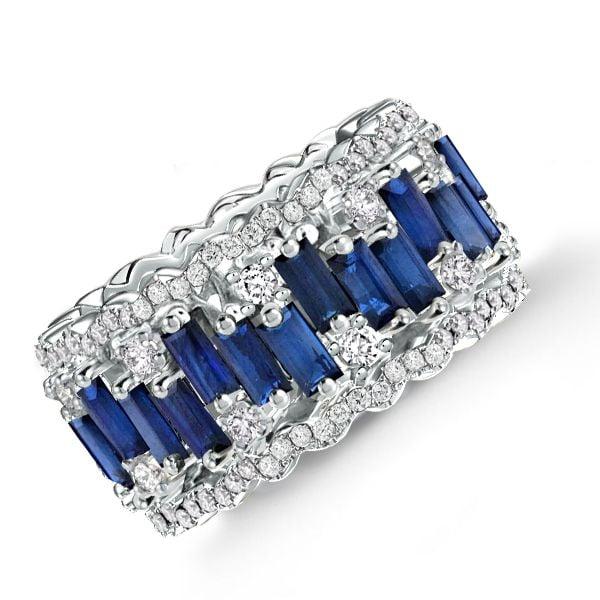 Baguette Cut White and Blue Sapphire Wedding Band in 925 Sterling Silver