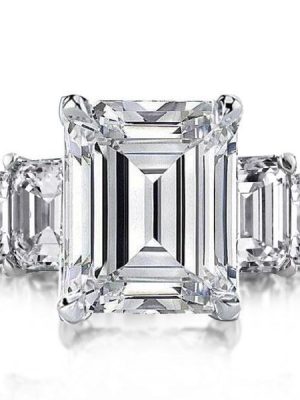 Emerald & White Sapphire Three Stone Engagement Ring - 925 Sterling Silver