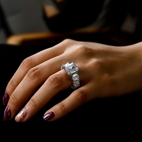Emerald & White Sapphire Three Stone Engagement Ring - 925 Sterling Silver