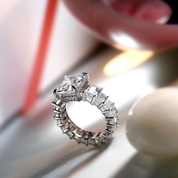 Emerald & White Sapphire Three Stone Engagement Ring - 925 Sterling Silver