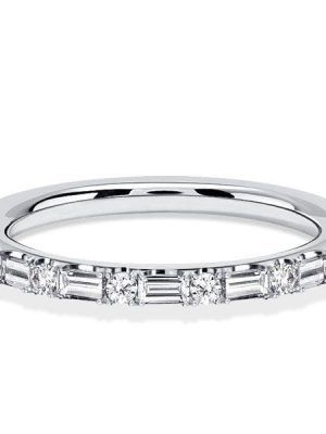 Baguette & Pave Sterling Silver Wedding Band Ring for Women - Stackable Design