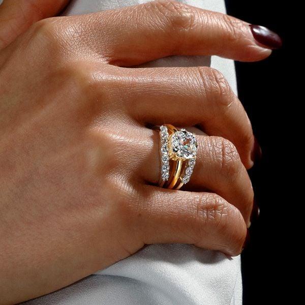 Cushion Cut Guard Enhancer and Engagement Ring Set in Sterling Silver