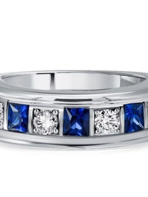 Vintage Asscher Cut White and Blue Sapphire Wedding Band in Sterling Silver
