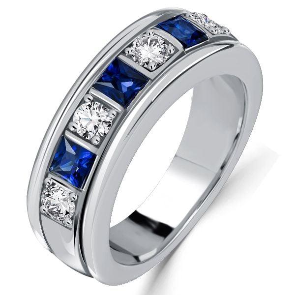 Vintage Asscher Cut White and Blue Sapphire Wedding Band in Sterling Silver