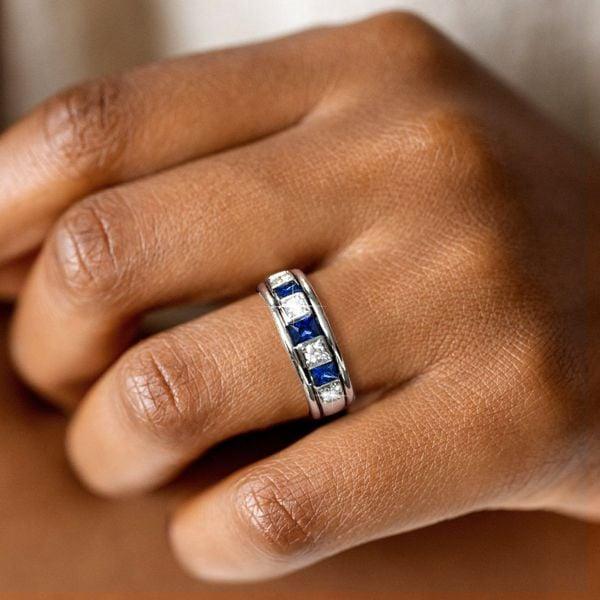 Vintage Asscher Cut White and Blue Sapphire Wedding Band in Sterling Silver